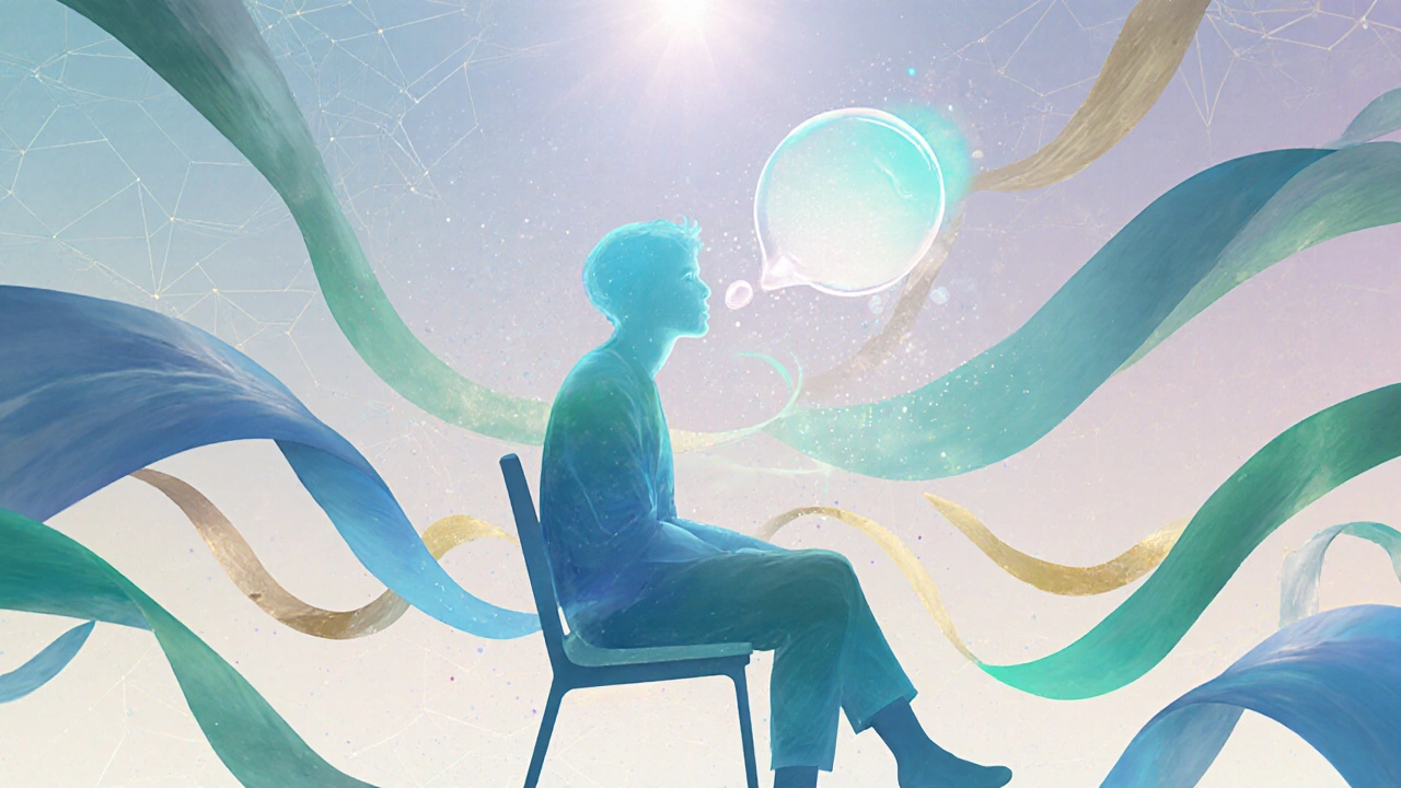 Abstract scene of a person talking, with colorful swirls representing stress relief and emotional balance.