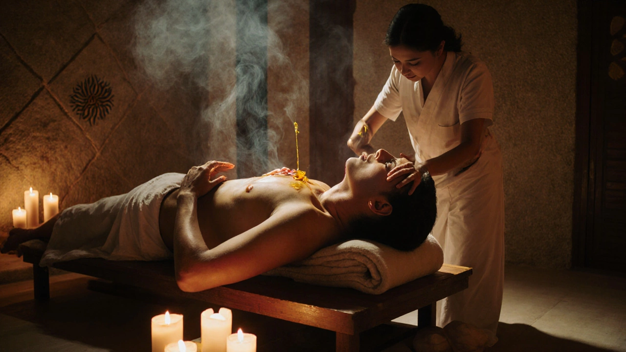 Calm spa scene of an Ayurvedic oil massage and forehead oil drip during Panchakarma.