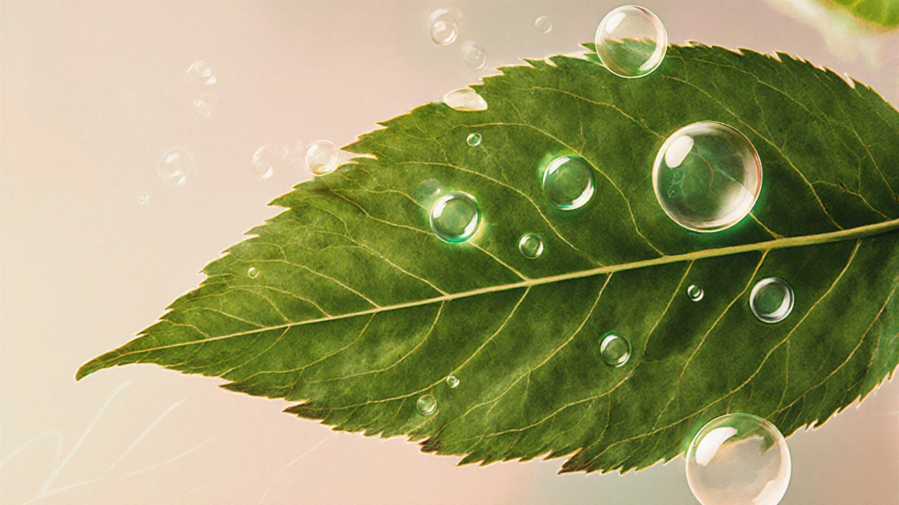 Close-up of Tulsi leaf with glowing bubbles representing phytochemicals.