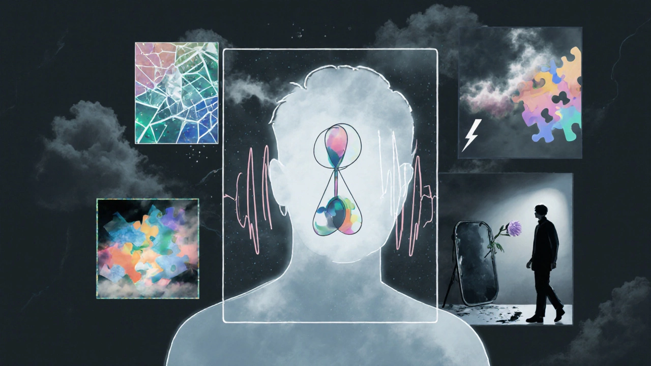 Collage of a human silhouette with visual motifs for six incurable mental illnesses.
