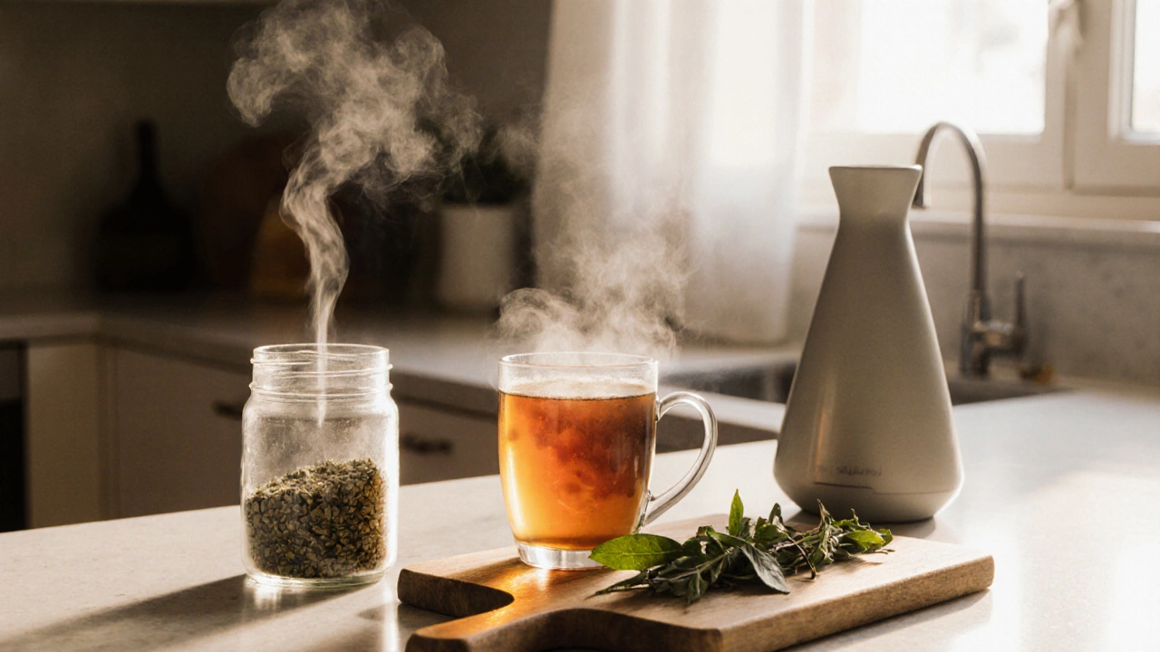 Cozy kitchen scene with Tulsi tea, powder jar, and a diffusing mist.