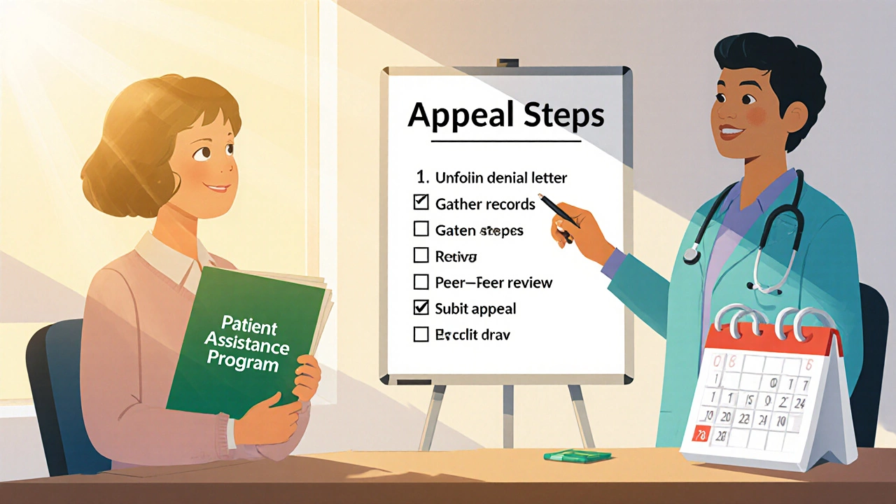 Doctor and patient reviewing an appeal checklist with assistance brochure and calendar.