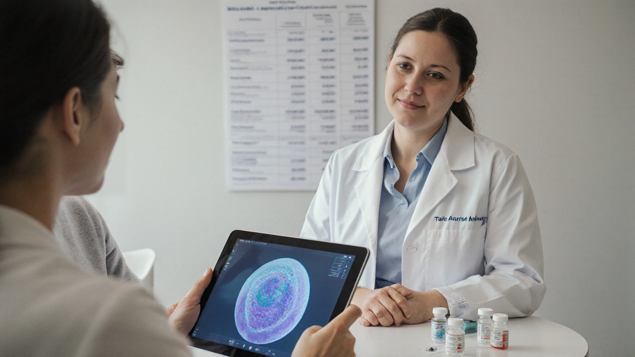 Doctor discussing IVF treatment plan with a couple in a clinic.