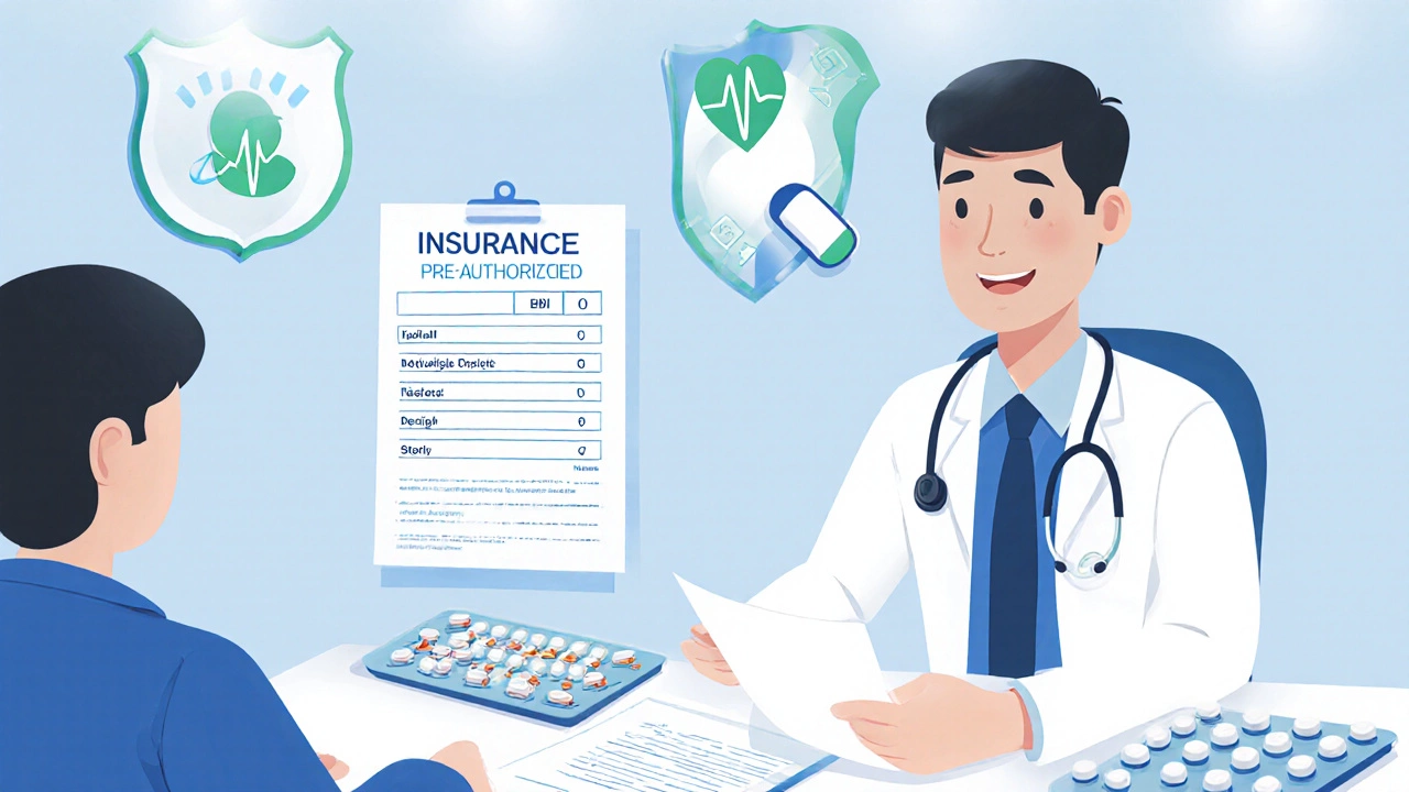Doctor giving a prescription to a patient with BMI sheet and pre‑authorization form visible.