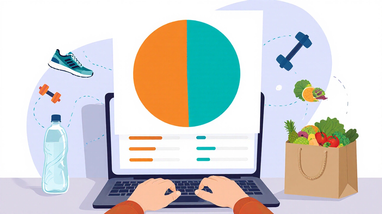 Flat illustration of a person planning macros with a floating pie chart and food icons.