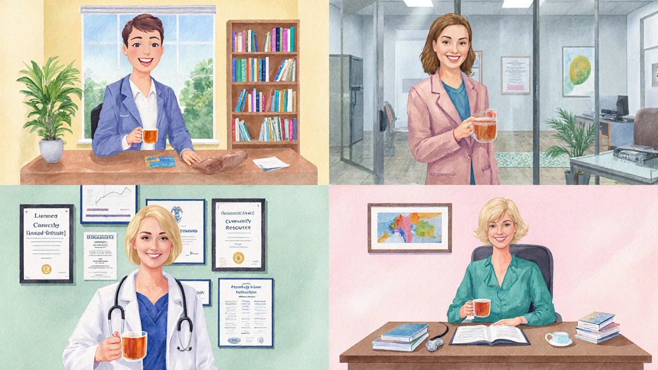 Four mental‑health professionals – counselor, psychologist, LCSW, and psychiatrist – shown in distinct workspaces.