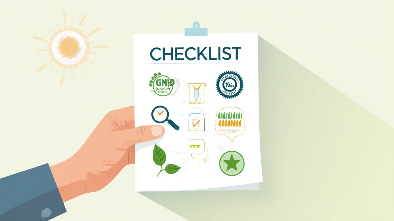 Hand holding a checklist of icons for supplement quality factors.
