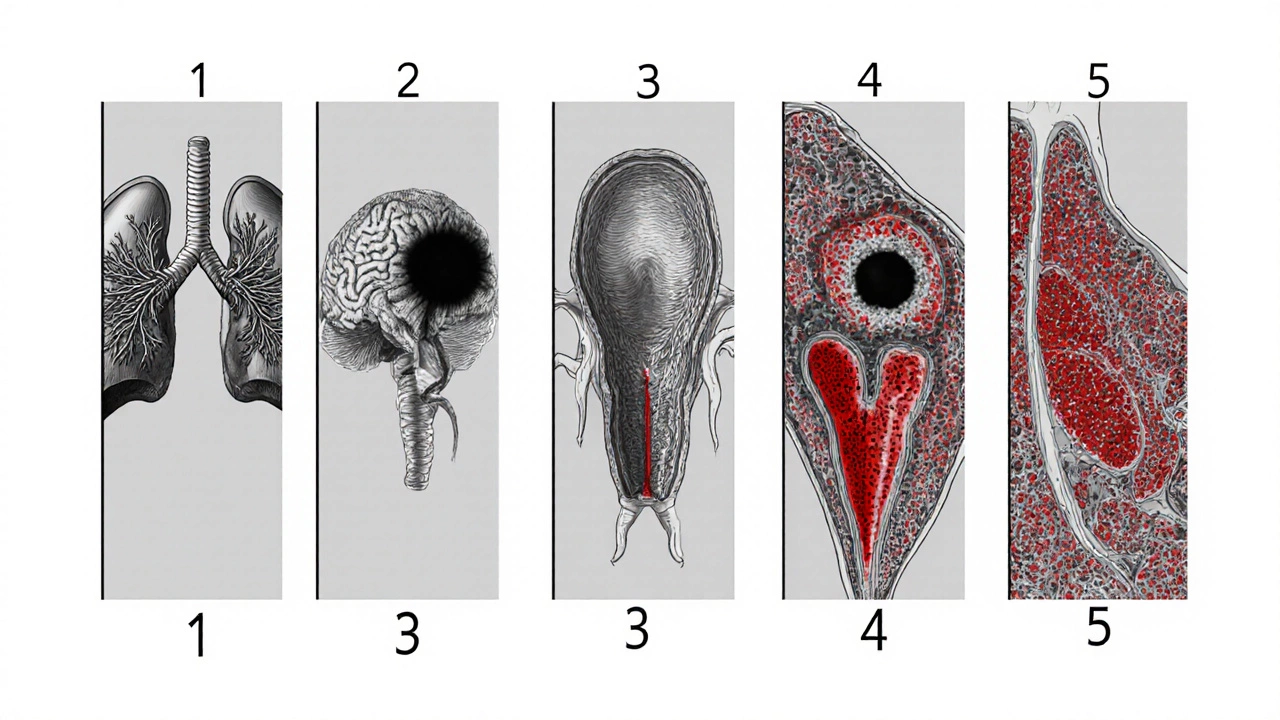 Illustrated cross‑sections of lung, brain, pancreas, ovary, and bone marrow showing disease areas.