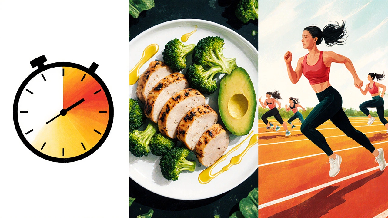 Illustration of fasting clock, low‑carb meal, and HIIT workout in vibrant panels.