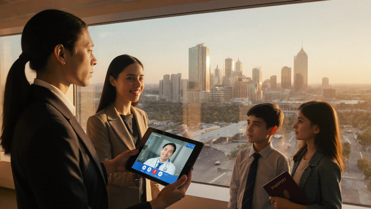 International patient greeted at an airport lounge, linked to Mayo Clinic via telemedicine and sunset campus view.