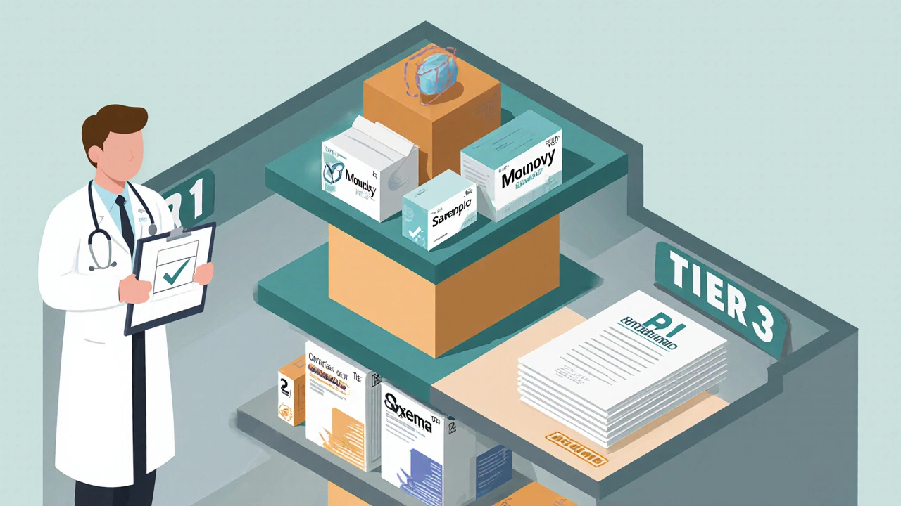 Isometric shelf showing tiered medication boxes with doctor and prior‑auth paperwork.
