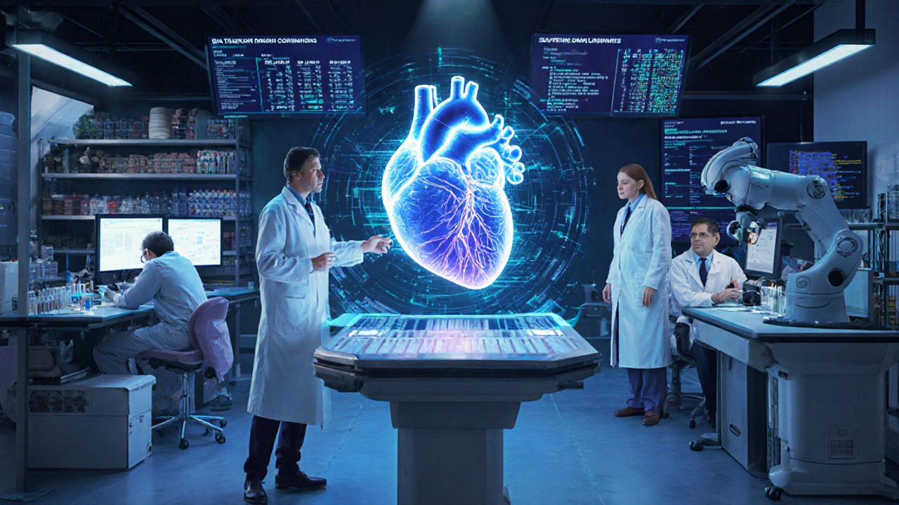 Mayo Clinic research lab with scientists, holographic data, and a face‑transplant surgery simulation.