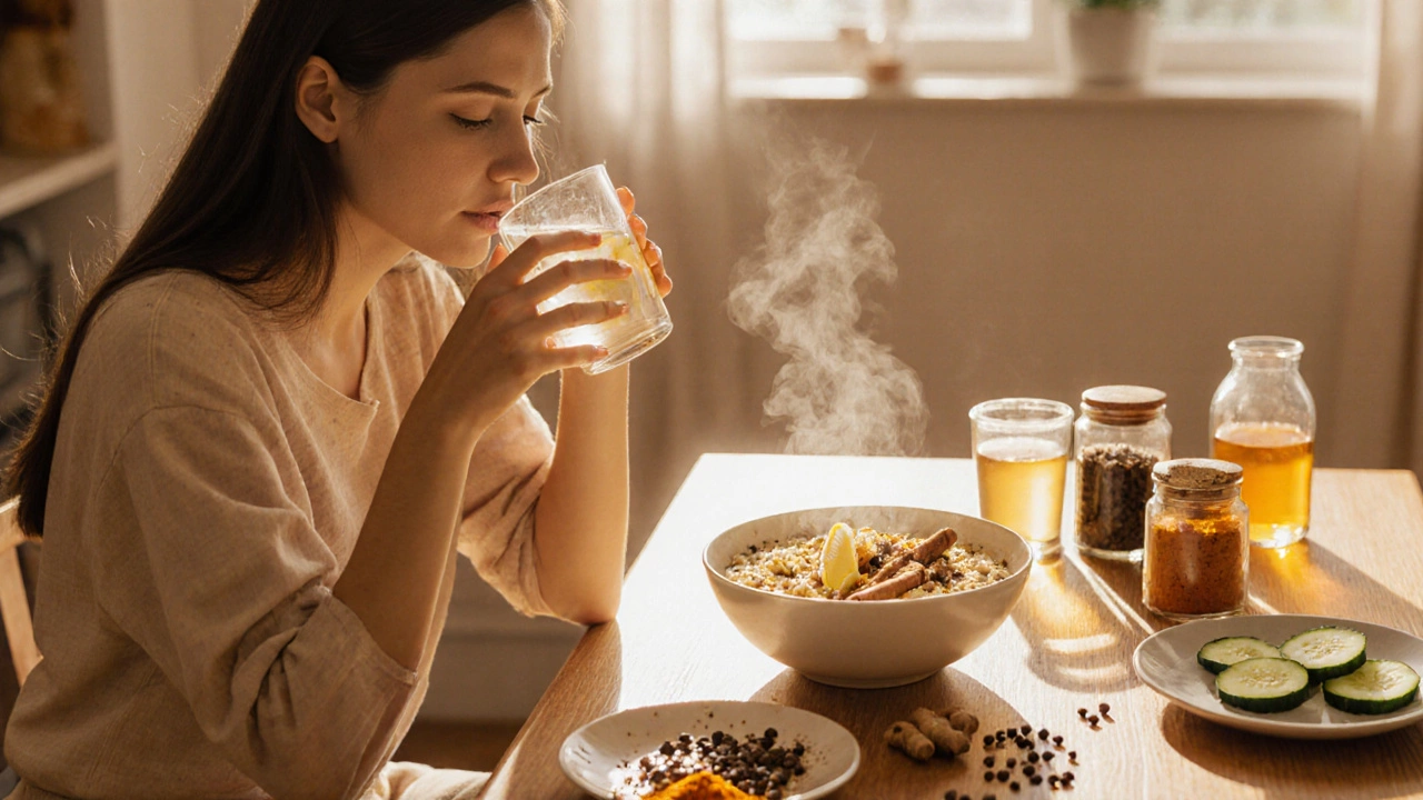 Morning kitchen scene with lemon water, quinoa porridge, spices, and herbal tea.