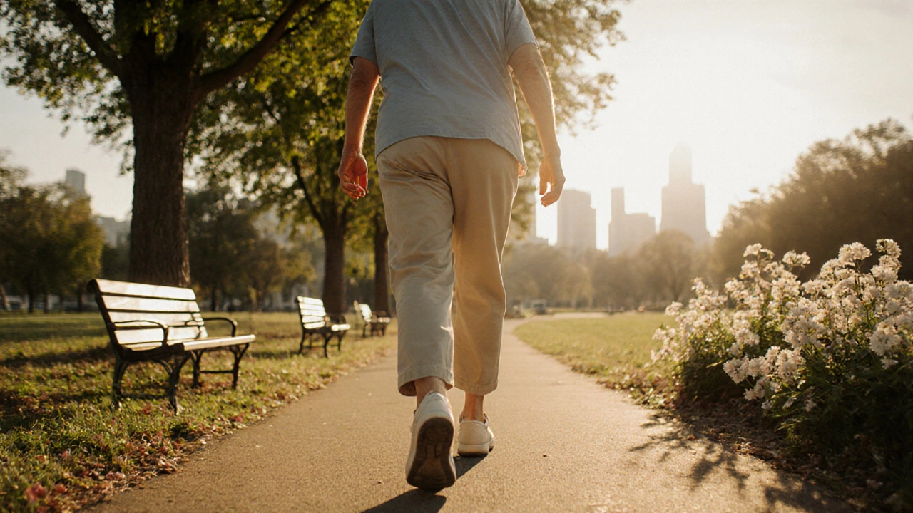 Older adult walking freely in a sunny park after knee replacement.