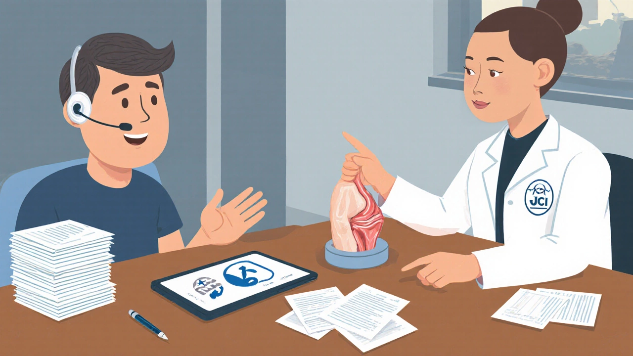 Patient, doctor, and interpreter reviewing medical records at a hospital table.