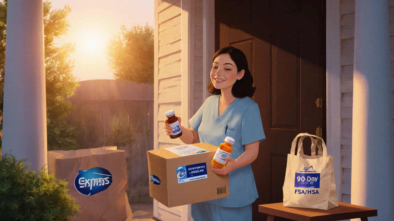 Patient receiving a mail‑order weight‑loss prescription package with co‑pay card.