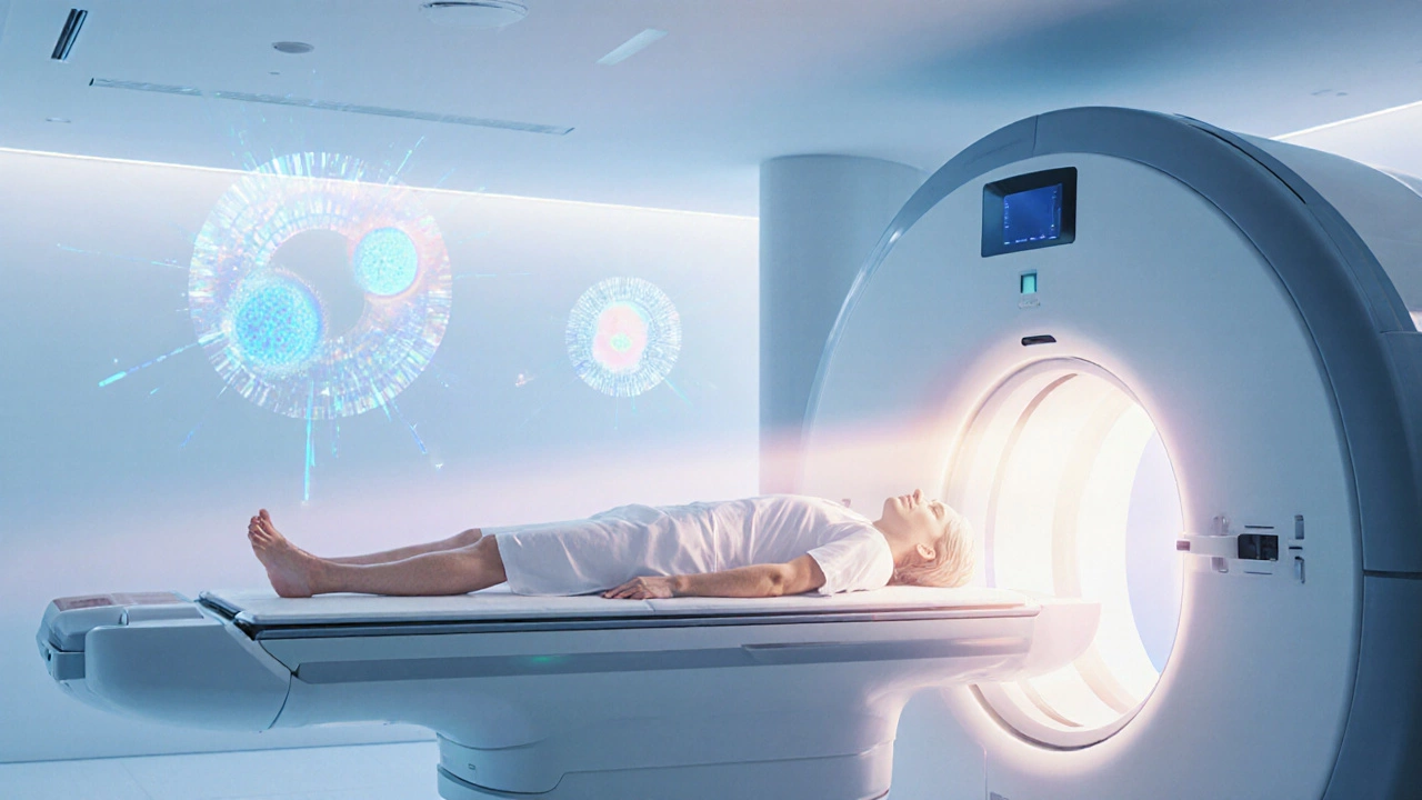 Patient undergoing a low‑dose CT scan with a warm, hopeful light beam.