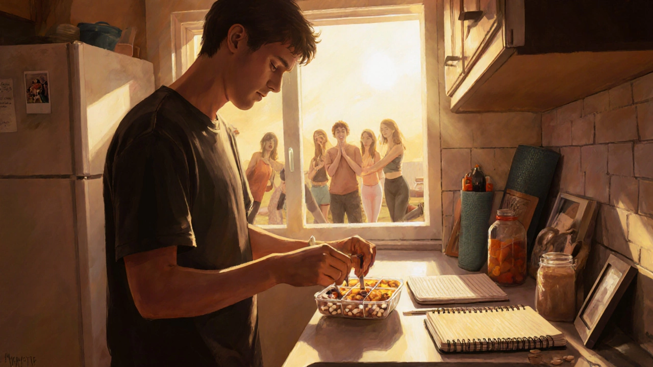 Person preparing breakfast at sunrise, with medication organizer and supportive friends visible.