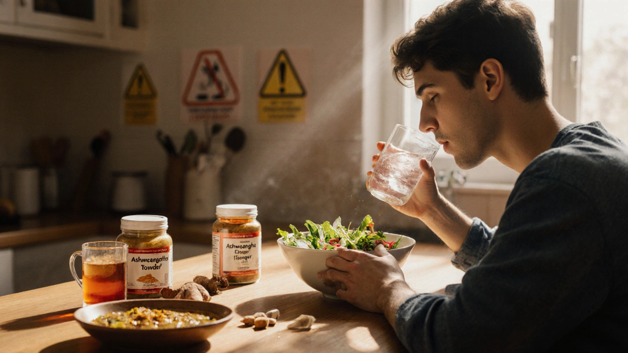 Photorealistic kitchen showing a person eating a cold salad with herbs and iced water nearby.