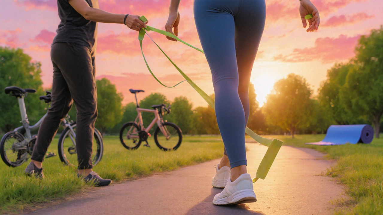 Recovered patient walking in a park with therapist, supportive shoes, and hints of completed rehab activities.