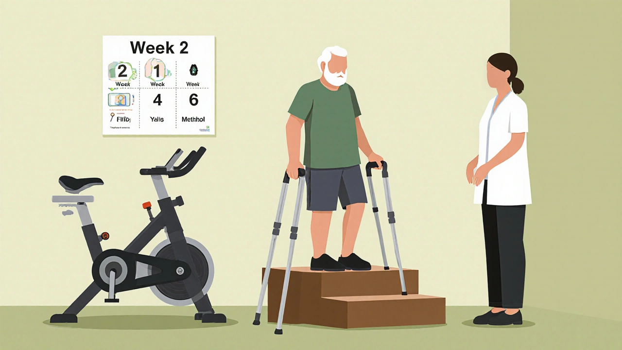 Rehab clinic scene of patient transitioning from crutches to a cane with a therapist.