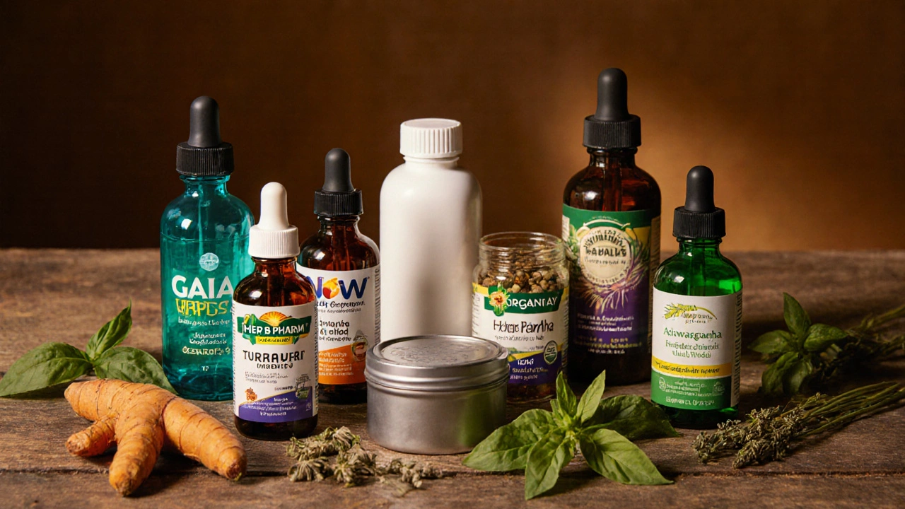 Seven distinct herbal supplement bottles displayed on a wooden table with fresh herbs.