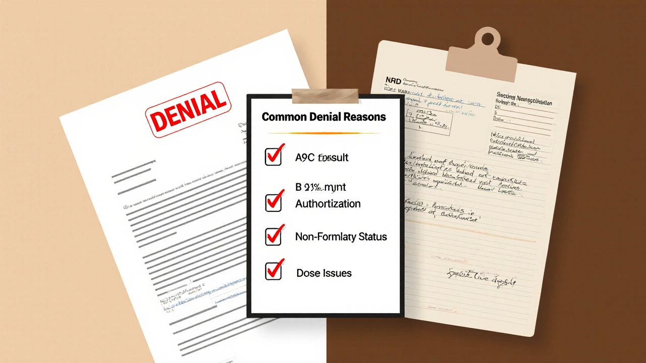 Split view of denial letter and patient’s lab results highlighting common denial reasons.