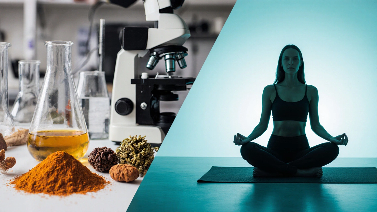 Split view of lab herbs study and person doing yoga, linking Ayurveda and science.
