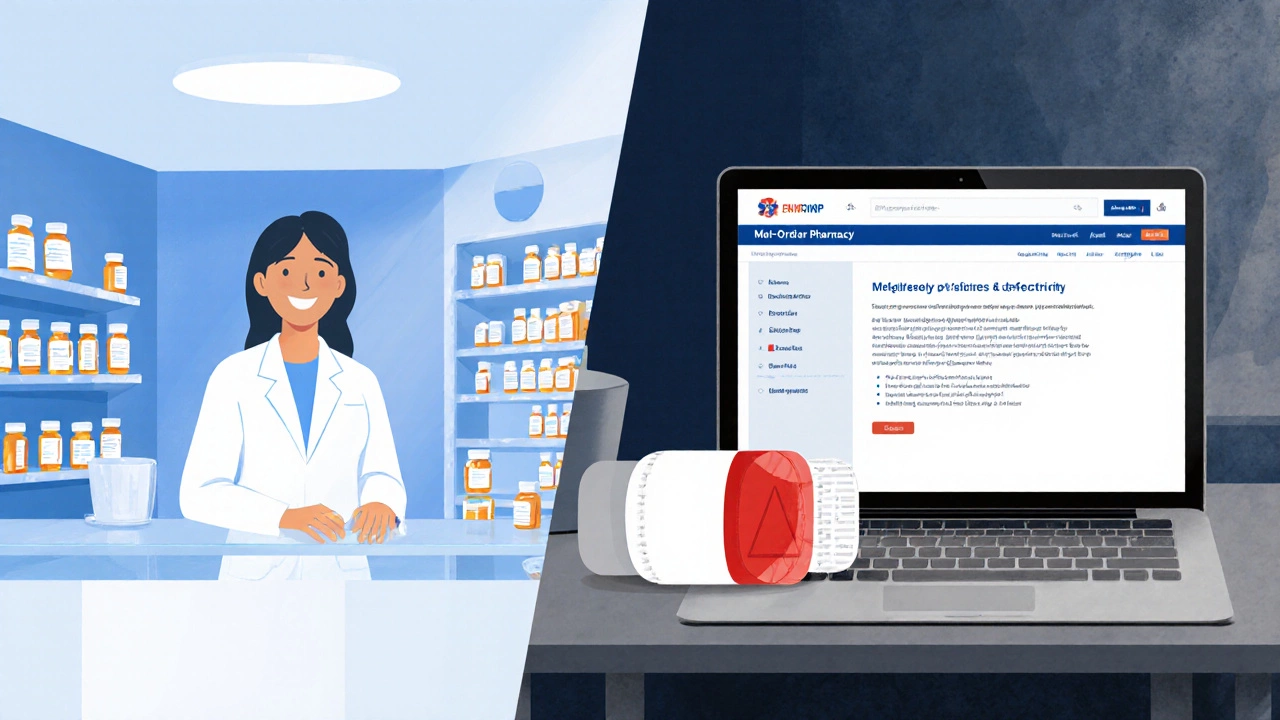 Split view showing a pharmacist in a store and a home desk with a mismatched medication bottle, highlighting error risk.