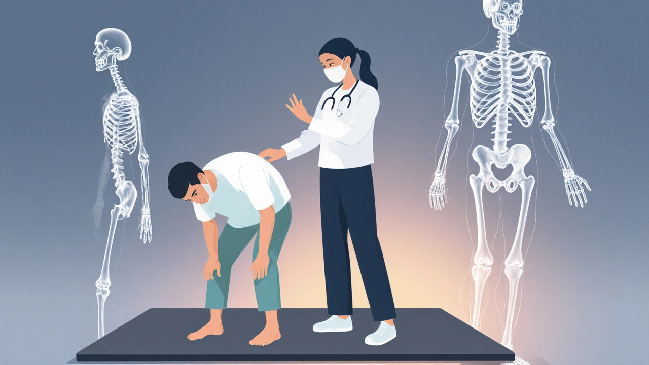 Surgeon guiding a patient through a knee movement test during physical exam.