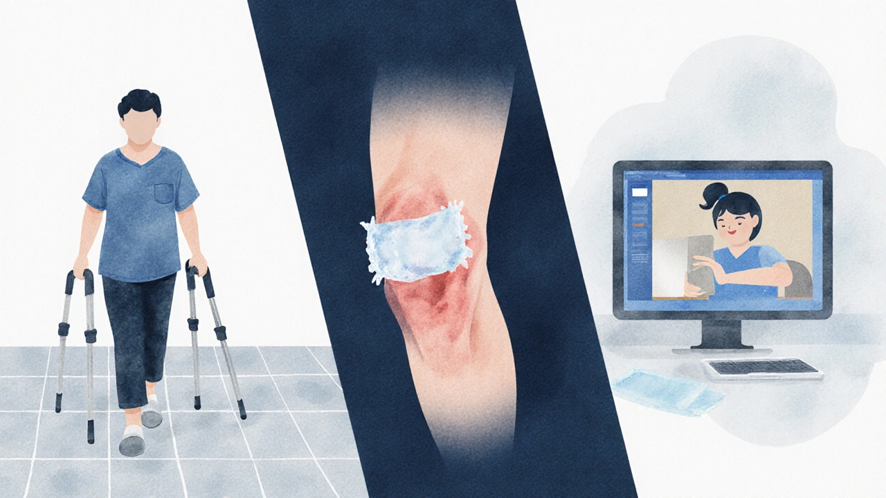 Three panels showing walking without support, swollen knee without ice, and unsupervised home exercise.