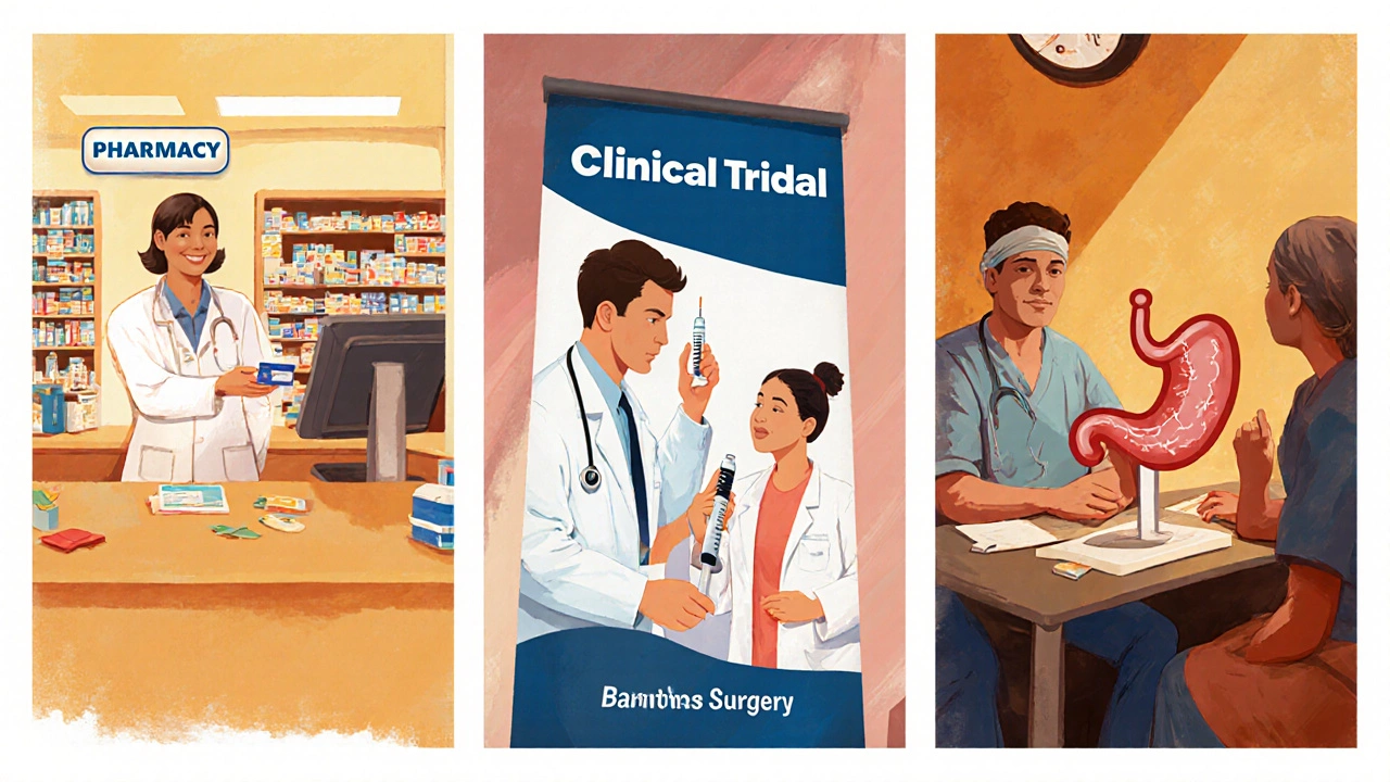 Three scenes showing pharmacy discount card, clinical trial participation, and bariatric surgery consultation.
