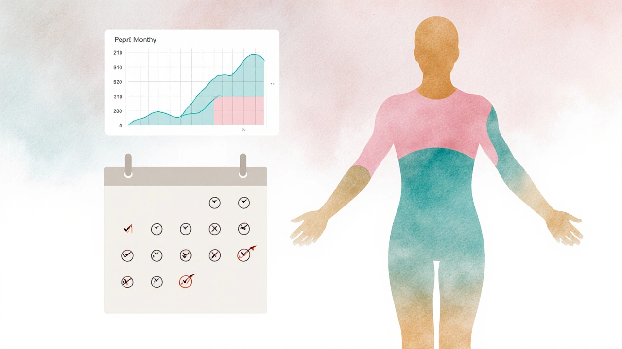 Watercolor of before‑after silhouettes showing fat loss and muscle gain over months.
