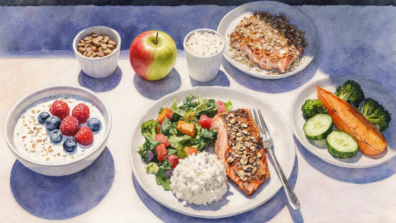 Watercolor table displaying a full day&#039;s balanced meals from yogurt to salmon.
