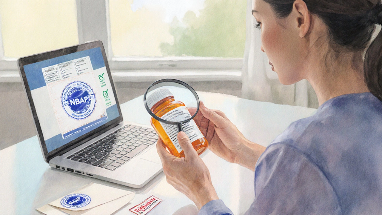 Woman inspects a delivered medication bottle with a magnifying glass and laptop displaying pharmacy accreditation.